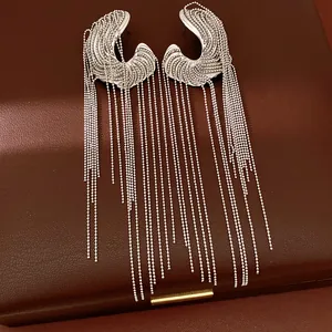 Elegant silver irregular long tassel earrings featuring luxury dangling ball chain fringe