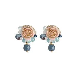 Handmade floral stud earrings with pink roses, white pearls and blue crystal beads