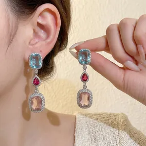 Luxurious Multi Color Zirconia Drop Earrings With 925 Sterling Silver Earring Post Vintage Waterdrop Oval Copper Earrings For Banquet Party Women