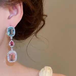 Elegant multi-color zircon drop earrings for banquet with silver needle and crystal detail