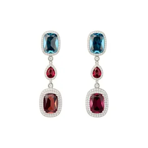 Elegant drop earrings with multi-color oval and teardrop gemstones and zircon halos.