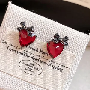 Vintage 925 Sterling Silver Earring Post Zirconia Bow Heart Stud Earrings For Women Copper Elegant Red Black Jewelry Gift