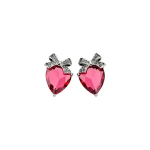 Elegant silver heart stud earrings with black bow accents and pink zircon stones