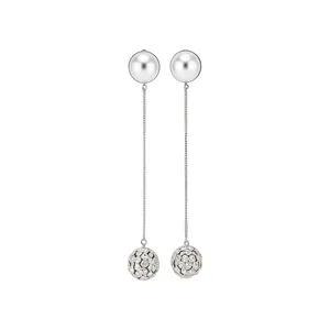 Elegant silver long chain earrings with pearls and diamond-encrusted sphere pendants