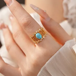 Vintage Gold Plated Flower Hollow Ring For Women Zirconia Resin Turquoise Inlaid Retro Niche Design Bohemian Jewelry Ring