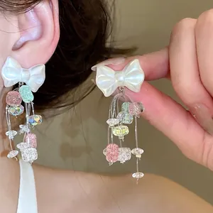 Boucles d'Oreilles Clous Nœud Princesse Sucrée Gland de Cristal Artificiel Perle Artificielle Bijoux Alliage Acier Femme