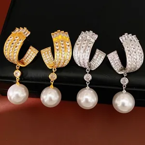 Geometric U-Shaped Artificial Pearl Drop Earrings Elegant Zirconia Inlaid Fashion Jewelry For Women Silver Earring Post