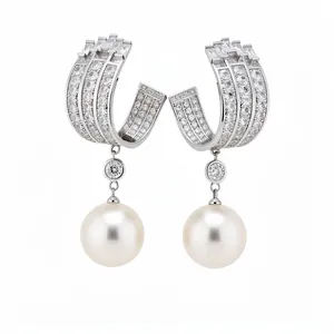 Elegant silver U-shape earrings with cubic zirconia and pearl dangles for women