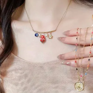 Damen Edelstahl Emaille Blume Stern Pilz Anhänger Halskette Vergoldet Künstliche Perle Strass Schlüsselbeinkette