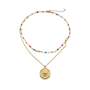 Double-layered stainless steel necklace with colorful enamel beads and star pendant