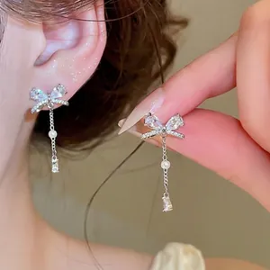 Koreanischer Stil Schleife Quaste Ohrhänger Für Damen Zirkonia Künstliche Perle Silber Ohrringpfosten Kupfer Schmuck