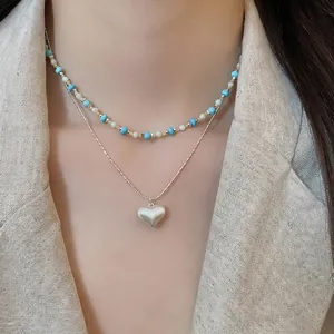 French Vintage Turquoise Beaded Necklace For Women Elegant Heart Pendant Double Layer Clavicle Chain Alloy Stone Fashion Jewelry