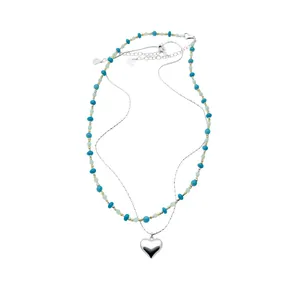 Korean style minimalist double-layered necklace with turquoise beads and heart pendant