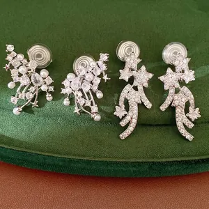 Exquisite Copper Zirconia Artificial Pearl Ear Clips Non-Pierced Waterdrop Star Design Elegant Silver Tone Women Jewelry