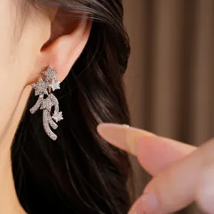 Detailed close-up showing elegant silver star-shaped zircon earrings worn on a female ear