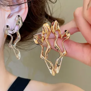 Irregular Geometric Cutout Fluid Metal Stud Earrings With Silver Earring Post For Women Minimalist Gold Silver Plated Unique Fashion Jewelry