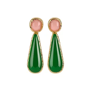Elegant vintage drop earrings with pink and green stones in gold-toned settings.
