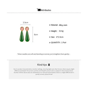 Detail showing vintage geometric earrings with pink and green resin teardrop design