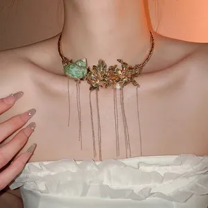 Exaggerated Metal Flower Conch Choker Necklace With Long Tassel Retro Alloy Artificial Pearl Jewelry For Women Party Gift