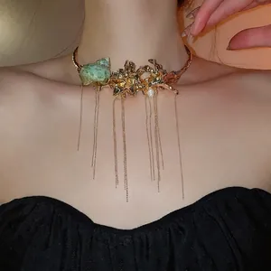 Bohemian gold choker necklace with shell flower and long chain tassels