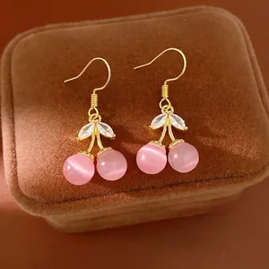 18K Gold Plated Pink Cat's Eye Cherry Dangle Earrings With Zirconia Leaf Silver Earring Post Sweet Fashion Women Jewelry
