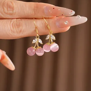18K gold plated cherry earrings with pink cat eye stone and cubic zirconia leaves