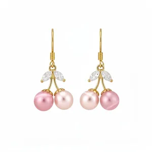 Elegant 18k gold plated cherry drop earrings with pink cat eye stone and zircon leaves