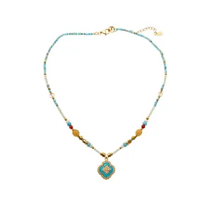 18k gold plated clover pendant necklace with colorful beads and sparkling zircons for women