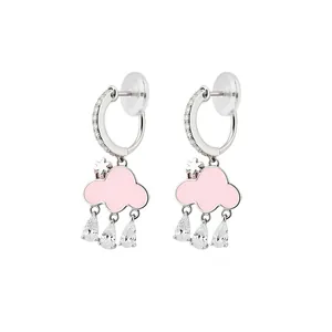 Sweet pink enamel cloud and sparkling zircon raindrop clip-on hoop earrings for women