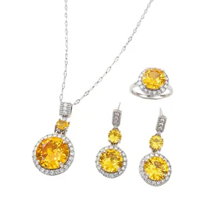 Elegante set gioielli 3 pezzi con collana, anello e orecchini in zircone giallo tondo