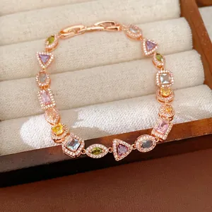 Luxury 18k rose gold plated bracelet featuring vibrant multi-colored geometric zircon stones