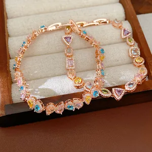 Detailed view of elegant rose gold plated bracelet with multi-color geometric zircons.