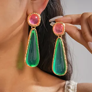 Vintage Resin Drop Stud Earrings For Women With 925 Sterling Silver Earring Post Gold Plated Alloy Waterdrop Retro Jewelry