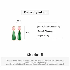 Detailed size and material info for pink and green resin teardrop dangle earrings