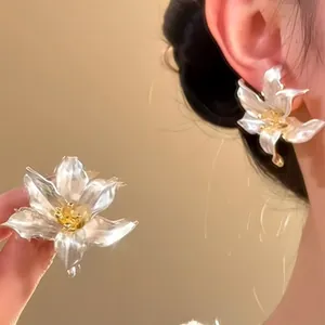 French 3D Iris Flower Stud Earrings With Silver Earring Post Sweet Painted Floral Vacation Jewelry For Women