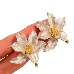 French style 3D iris flower metal stud earrings with elegant pearlescent finish