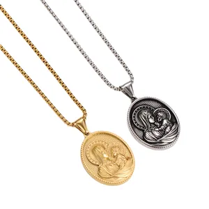 Oval religious relief pendant necklace with virgin and child in gold and silver finish