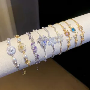 Bracciale a Fiori in Zirconia Giardino di Monet Rame Placcato Oro Argento Perla Artificiale Gioielli da Mano Regolabili per Donna