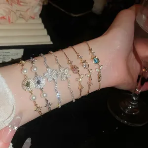 Set di bracciali di lusso con fiori in zircone e perle in stile giardino di Monet