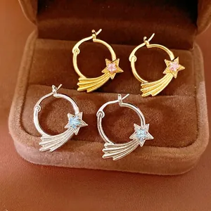 Minimalist Zirconia Star Meteor Earring Hoops For Women Copper Jewelry With Silver Earring Post Elegant Cold Style Accessories