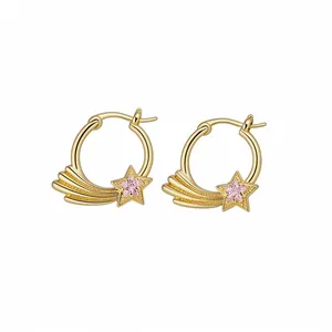 Elegant gold hoop earrings featuring shooting star design and pink zircon center