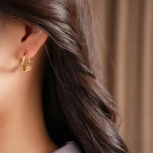 Elegant gold hoop earrings with pink zircon star details shown on a model's ear.