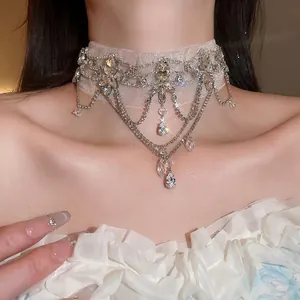 French Vintage Lace Rhinestone Flower Choker Necklace For Women Silver Water Drop Artificial Crystal Pendant Princess Jewelry