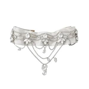 Elegant French vintage white lace choker with sparkly crystal flower and rhinestone tassels.