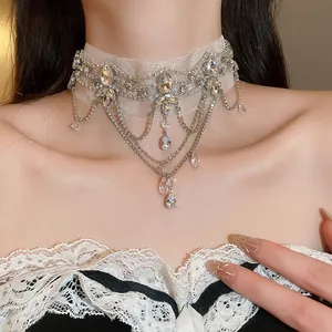 Elegant French vintage lace choker featuring sparkling crystal floral drop pendants
