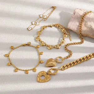 Elegant 18K gold plated stainless steel jewelry set with heart charms and shell inlay