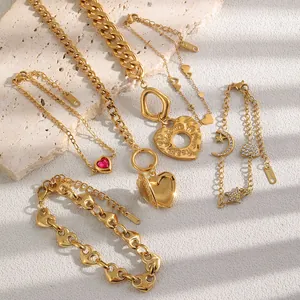 18K gold plated stainless steel bracelet set with heart, star, and moon charms