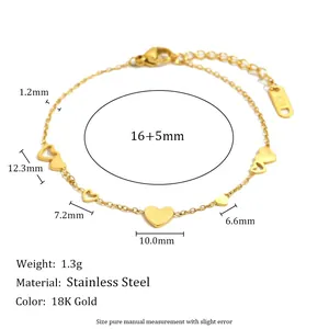 Detailed dimensions for heart charm bracelet in 18K gold plated stainless steel