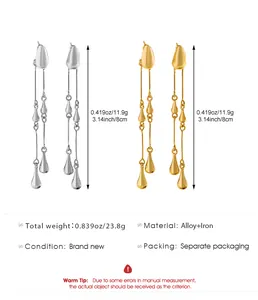 Detailed view of layered teardrop tassel earrings with size specifications and alloy texture