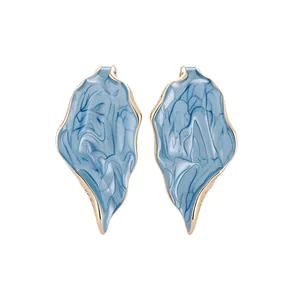 Stylish vintage wrinkled blue marble leaf earrings with gold-tone metallic edges